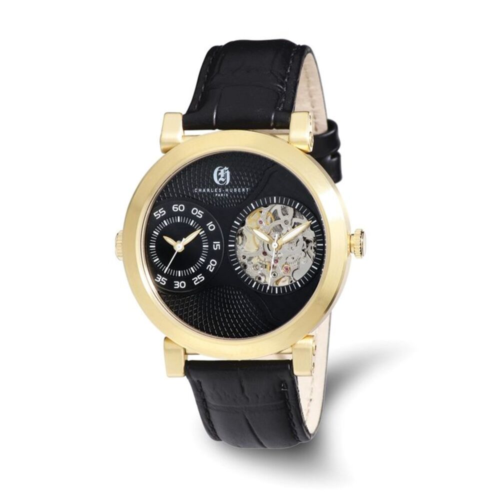 Charles Hubert Mens IP-plated Leather 46mm Dual Tme Watch